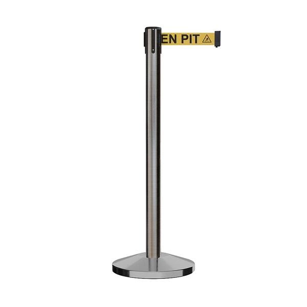 Montour Line Stanchion Belt Barrier Sat.Steel Post 9ft. Open.Belt - ES400C-SS-BEWARYB-90