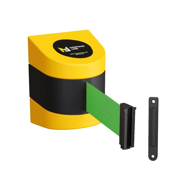 Montour Line Retractable Belt Barrier YW Fixed Wall Mount 13' Green Belt (F) - PWM200-YW-GN-F-S-130