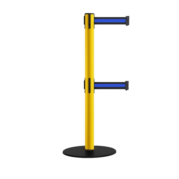 Montour Line Stanchion Dbl Belt Barrier Yellow Post Low Base 13ft. Black/Bl HL Belt - S400D-YW-BBH-130