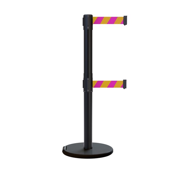 Montour Line Retractable Double Belt Rolling Stanchion, Magenta/Yellow, 11 ft Length, 2.5 ft Post Height - P400DRL-BK-MYD-110