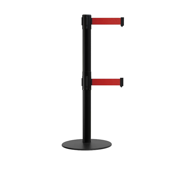 Montour Line Stanchion Dual Belt Barrier Flat Base Black Post 7.5ftRed Belt - S400D-BK-RD-75