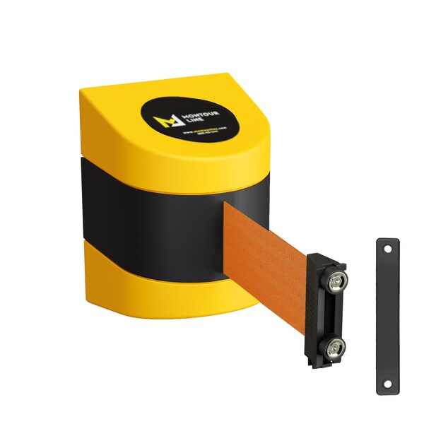 Montour Line Retractable Belt Barrier YW Magnetic Wall Mount 15' Orange Belt (M) - PWM200-YW-OR-M-M-150