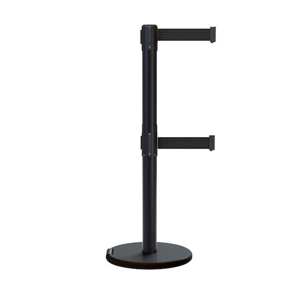 Montour Line Retractable Double Belt Rolling Stanchion, Black, 7.5 ft Length, 2.5 ft Post Height - P400DRL-BK-BK-75