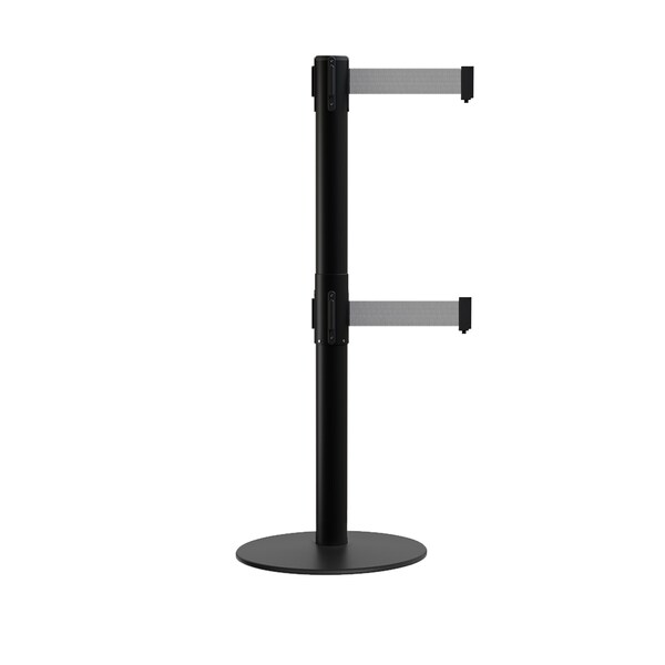 Montour Line Stanchion Dual Belt Barrier Flat Base Black Post 11ft.Lt Grey Belt - S400D-BK-LGY-110