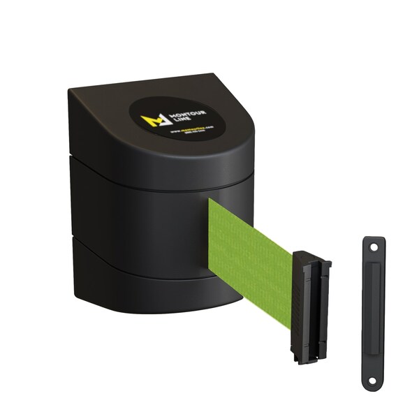 Montour Line Retractable Belt Barrier Black Fixed Wall Mount 15' Olive Belt (F) - PWM200-BK-OL-F-S-150