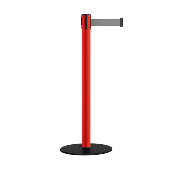 Montour Line Retractable Belt Stanchion, Low Base, 2.5" Red Post  7.5'Lt Gry Belt - S400-RD-LGY-75