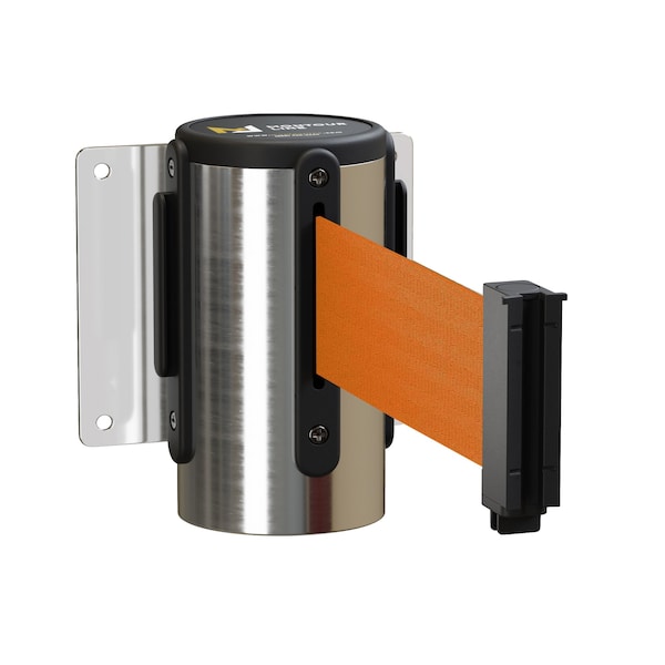 Montour Line Retractable Belt Barrier Wall Mount PSteel Case Fixed 16ft Orange Belt - MWM150-PS-OR-F-S-160