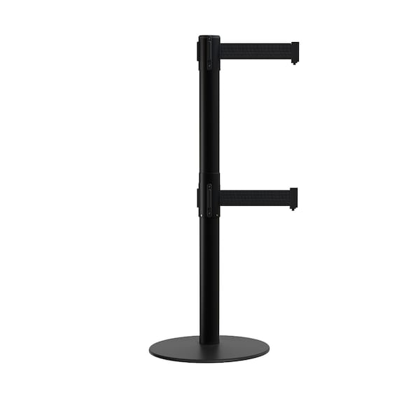 Montour Line Stanchion Dual Belt Barrier Flat Base Black Post 7.5ftBlack Belt - S400D-BK-BK-75