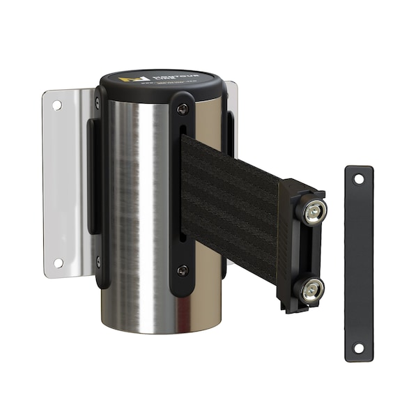 Montour Line Retr. Belt Barrier Fxd Pol. Stainless, Metal Wall Mt 8.5' Black Belt - MWM100-PS-BK-F-M-85