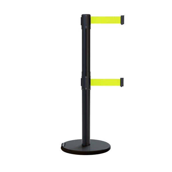 Montour Line Retractable Double Belt Rolling Stanchion, Fluorescent Yellow, 11 ft Length, 2.5 ft Post Height - P400DRL-BK-FYW-110