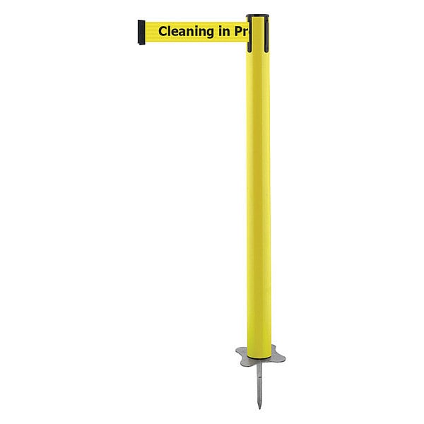 Tensabarrier Barrier Post with Belt, Yellow, 13 ft Length, 43 in Post Height, Cleaning in Progress, Unfinished - 884-35-MAX-YCX-C