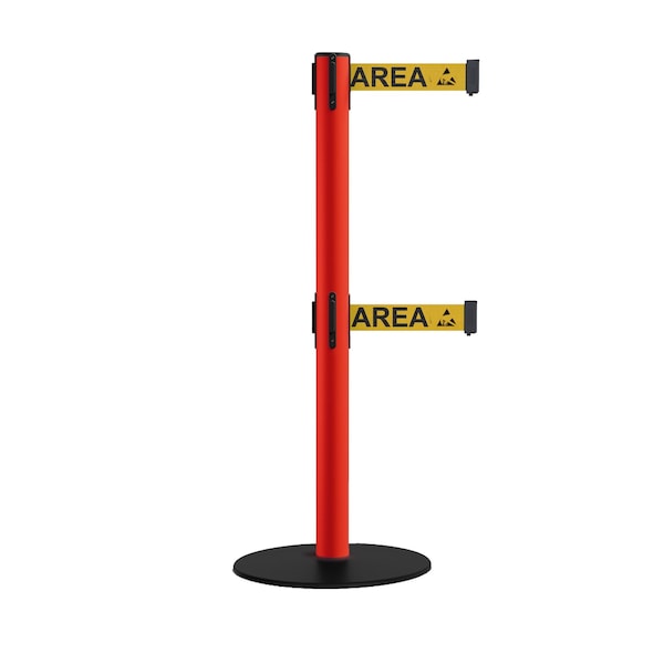 Montour Line Retractable Dbl Belt 2.5" Red Post , Low Base, 9' Area Belt - S400D-RD-ESDPRYB-90
