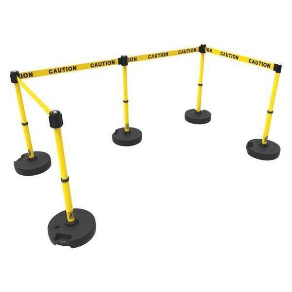 Banner Stakes Barrier Post with Belt, Yellow, 15 ft Length, 22 in to 42 in Adjustable Post Height, Caution - PL4583