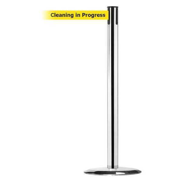 Tensabarrier Barrier Post with Belt, 7 1/2 ft Length, 38 in Post Height, Cleaning in Progress, Polished chrome - 889U-1P-1P-STD-NO-YCX-C