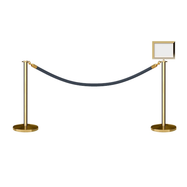 Montour Line Stanchion Post & Rope Kit Pol.Brass, 2FlatTop 1Gray Rope 8.5x11H Sign - 2PBFLTAP8511HPVRGYPB