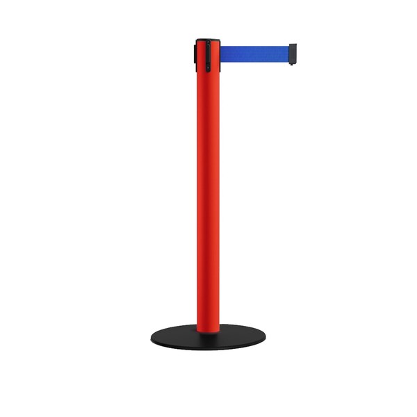 Montour Line Retractable Belt Stanchion, Low Base, 3" Red Post 14' Blue Belt - S660-RD-BL-140