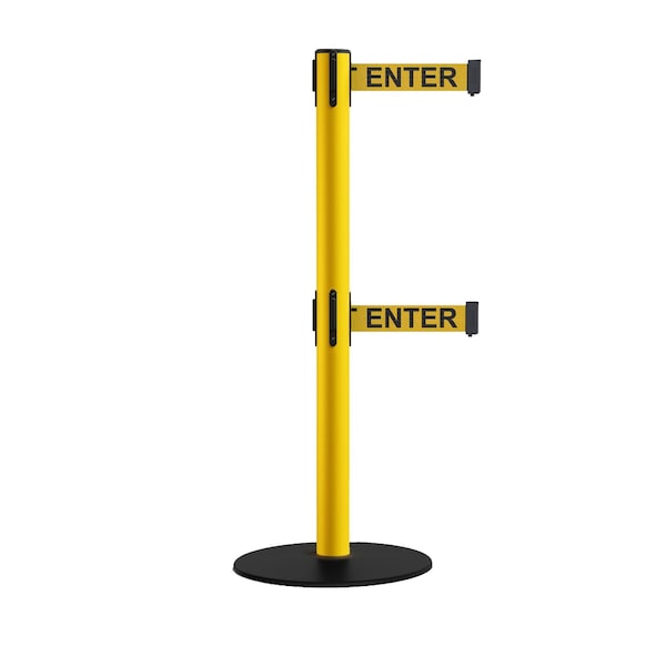 Montour Line Retractable Dbl Belt 2.5 YW Post , Low Base, 7.5'Cau.Belt - S400D-YW-CAUYB-75
