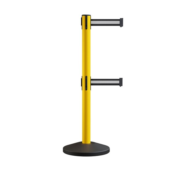 Montour Line Retractable Dbl Belt Rolling Stanchion, 2.5in YW Post  11' Bk/W H Belt - ES400D-YW-BWH-110