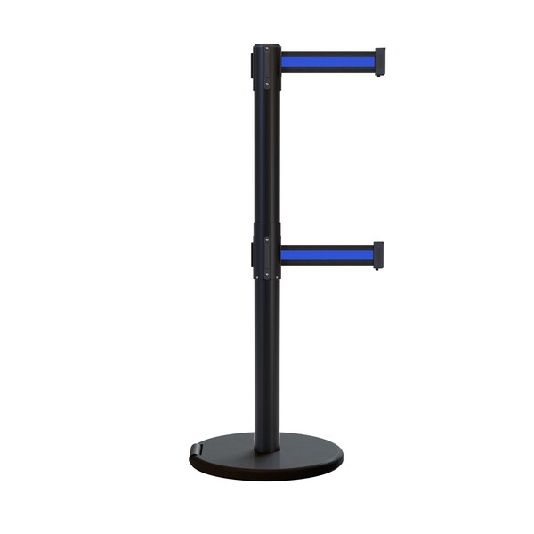 Montour Line Retractable Double Belt Rolling Stanchion, Black/Blue, 7.5 ft Length, 2.5 ft Post Height - P400DRL-BK-BBH-75