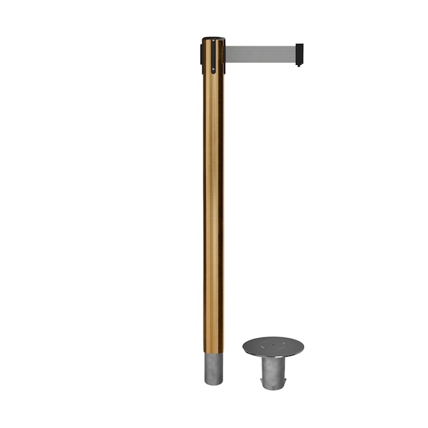 Montour Line Stanchion Belt Barrier Removable Base Sat.Brass Post 11ft.Lt Gry Belt - P400R-SB-LGY-110