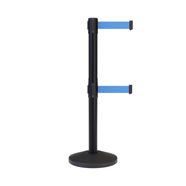 Montour Line Stanchion Dual Belt Barrier Black Post 7.5ftLt Blu Belt - ES400D-BK-LBL-75