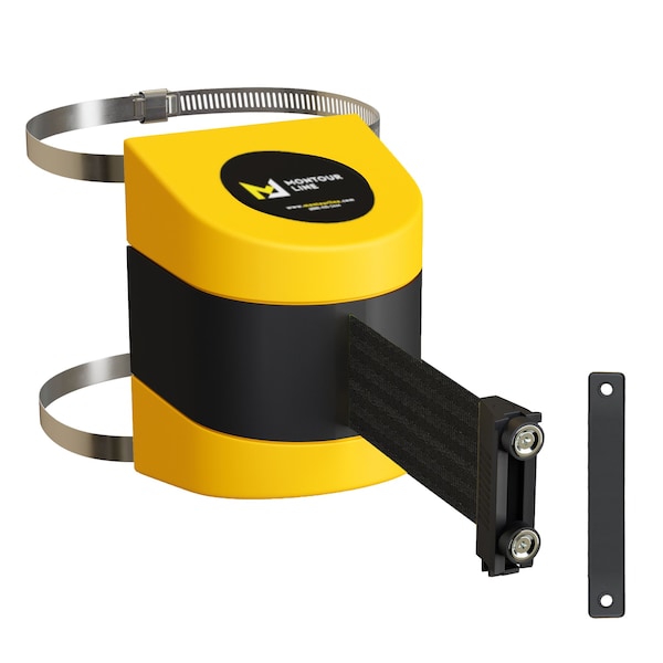 Montour Line Retractable Belt Barrier YW Clamped Wall Mount, 7.5'Black Belt (M) - PWM200-YW-BK-C-M-75