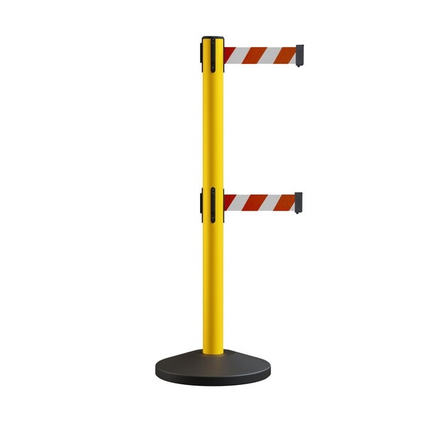 Montour Line Retractable Dbl Belt Rolling Stanchion, 2.5in YW Post  9' Rd/Wh Belt - ES400D-YW-RWD-90