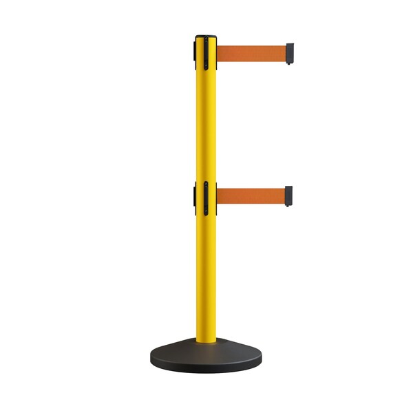 Montour Line Retractable Dbl Belt Rolling Stanchion, 2.5in YW Post  9' Orange Belt - ES400D-YW-OR-90