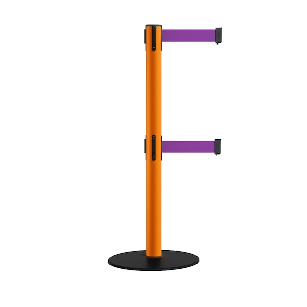 Montour Line Retractable Dbl Belt 2.5" Orange Post , Low Base, 11' Purple Belt - S400D-OR-PE-110