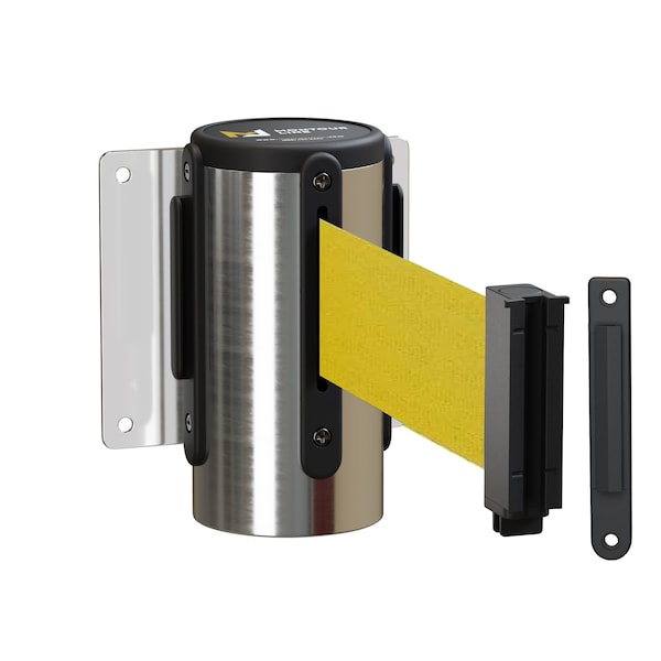 Montour Line Retr. Belt Barrier Wall Mnt Pol. Stainless Case Fxd, 11' YLW Belt - MWM100-PS-YW-F-S-110
