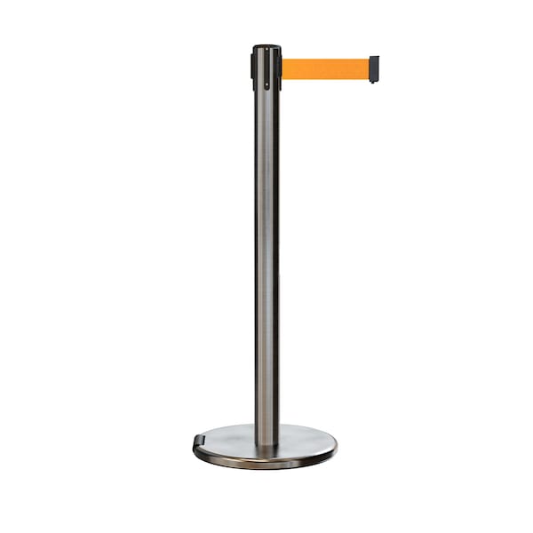 Montour Line Retractable Belt Rolling Stanchion, 2.5ft Sat.Steel Post  7.5ft Fl.Org - P400RL-SS-FOR-75