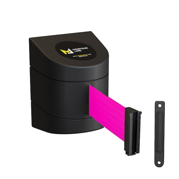 Montour Line Retractable Belt Barrier Black Fixed Wall Mount 13' Fl.Pnk Belt (F) - WMX140-BK-FPK-F-S-130