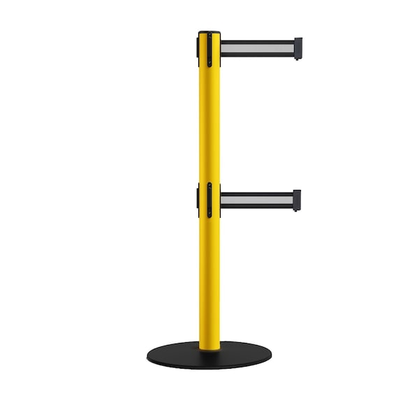 Montour Line Retractable Dbl Belt 2.5" YW Post , Low Base, 9' Bk/W H Belt - S400D-YW-BWH-90