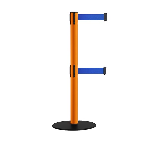 Montour Line Retractable Dbl Belt 2.5" Orange Post , Low Base, 11' Blue Belt - S400D-OR-BL-110