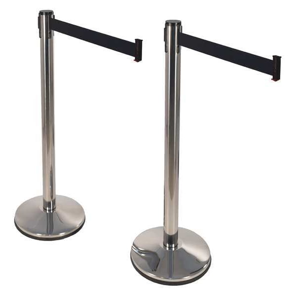 Retracta-Belt Prime Barrier Post with Belt, Silver, 10 ft Length, 40 in Post Height, No Legend - 100PS1-BK-2PK