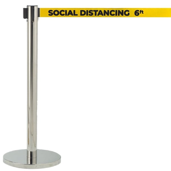 Aarco Belt Barrier System, Chrome Finish/Yellow Belt w/White Print, 7 ft Length, Chrome - HC-7PYE