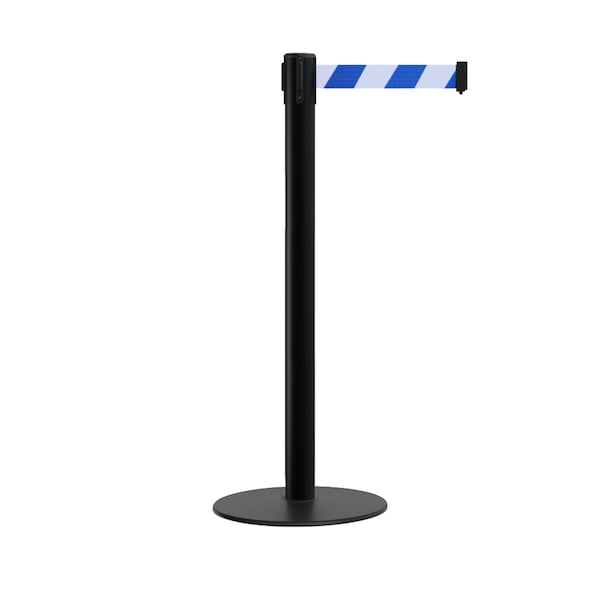 Montour Line Stanchion Belt Barrier Flat Base Black Post 9 ft. Blue/White Belt - S400-BK-BWD-90