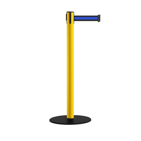 Montour Line Retr. Belt Stanchion, Low Base, 2.5in YLW Post  9' Bk/Bl Belt - S400-YW-BBH-90