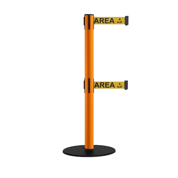 Montour Line Retractable Dbl Belt 2.5" Orange Post , Low Base, 9' Area Belt - S400D-OR-ESDPRYB-90