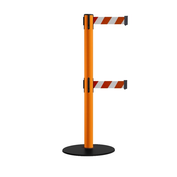 Montour Line Retractable Dbl Belt 2.5" Orange Post , Low Base, 7.5'Rd/Wh Belt - S400D-OR-RWD-75