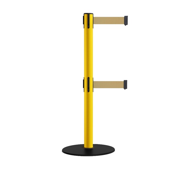 Montour Line Retractable Dbl Belt 2.5" YW Post , Low Base, 7.5'Lt BrwnBelt - S400D-YW-LBN-75