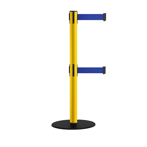 Montour Line Retractable Dbl Belt 2.5" YW Post , Low Base, 7.5'Dk Blu Belt - S400D-YW-DBL-75