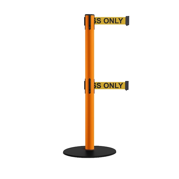 Montour Line Retractable Dbl Belt 2.5 Orange Post , Low Base, 9' Auth.Belt - S400D-OR-AUTHYB-90