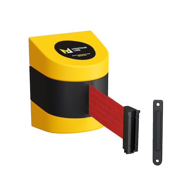Montour Line Retractable Belt Barrier YW Fixed Wall Mount 9' Red Belt (F) - PWM200-YW-RD-F-S-90