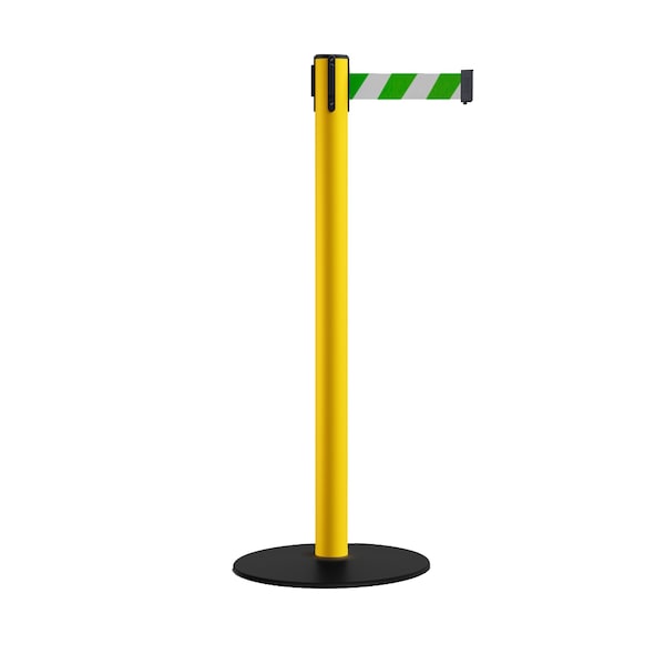 Montour Line Retr. Belt Stanchion, Low Base, 2.5in YLW Post  11' Grn/Wh Belt - S400-YW-GWD-110