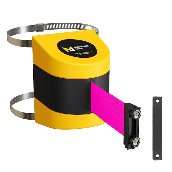 Montour Line Retractable Belt Barrier Yellow Clamped Mount, 25ft. Fl.Pnk Belt (M) - WMX160-YW-FPK-C-M-250