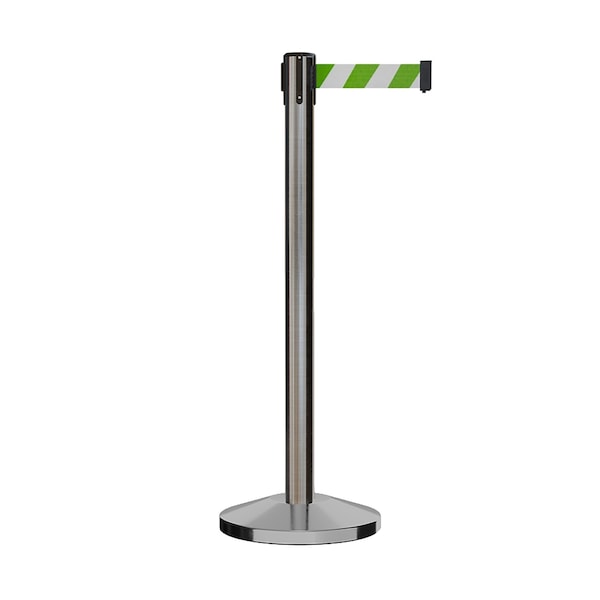 Montour Line Stanchion Belt Barrier Sat.Steel Post 9ft. Grn/Wh Belt - ES400-SS-GWD-ML-90