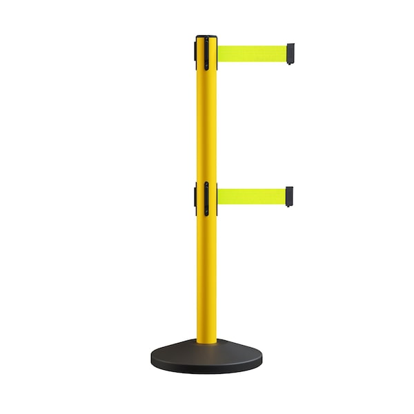 Montour Line Retractable Dbl Belt Rolling Stanchion, 2.5in YW Post  9' Fl.Yel Belt - ES400D-YW-FYW-90