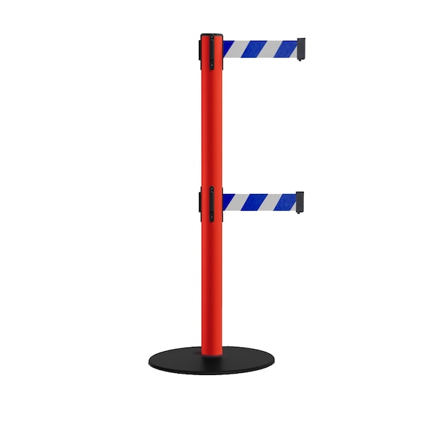 Montour Line Retractable Dbl Belt 2.5" Red Post , Low Base, 11' Blu/Wh Belt - S400D-RD-BWD-110