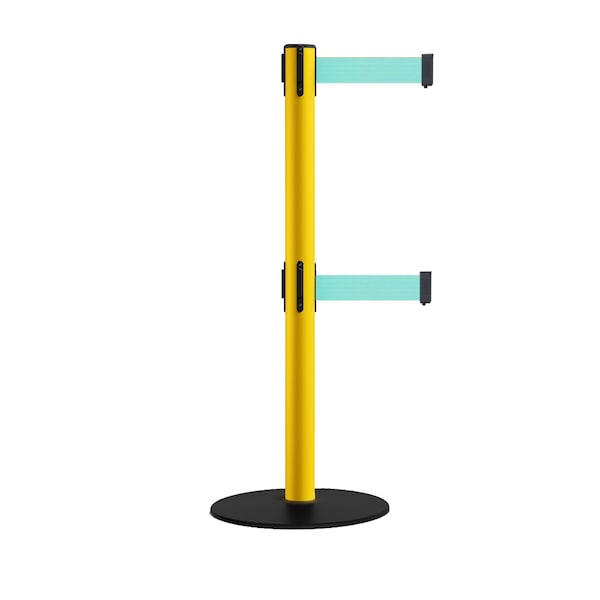 Montour Line Retractable Dbl Belt 2.5" YW Post , Low Base, 11' Lt Grn Belt - S400D-YW-LGN-110